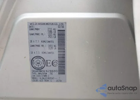 2016 Nissan Pathfinder Platinum/S/Sl/Sv z USA, uszkodzony, nr VIN 5N1AR2MM7GC628693